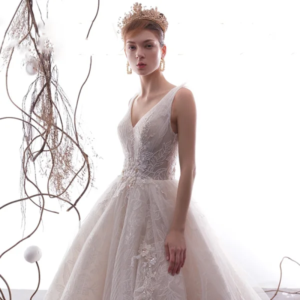 Elegant Champagne Wedding Dresses 2019 A-Line / Princess V-Neck Sleeveless Backless Glitter Leaf Appliques Lace Beading Chapel Train Ruffle