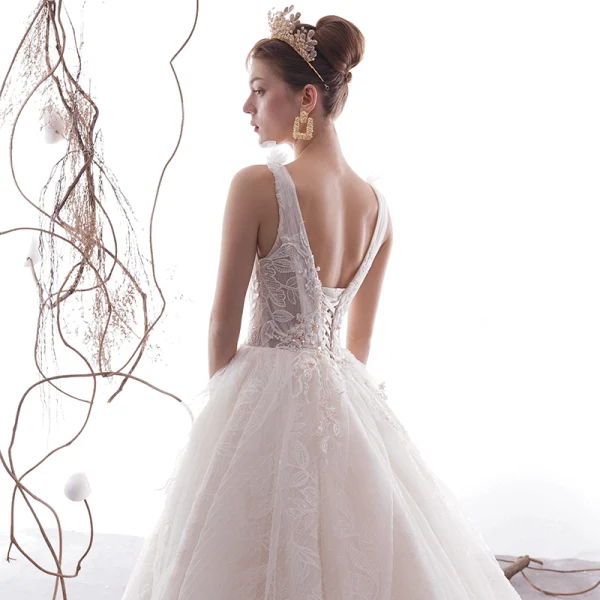 Elegant Champagne Wedding Dresses 2019 A-Line / Princess V-Neck Sleeveless Backless Glitter Leaf Appliques Lace Beading Chapel Train Ruffle