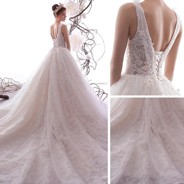Elegant Champagne Wedding Dresses 2019 A-Line / Princess V-Neck Sleeveless Backless Glitter Leaf Appliques Lace Beading Chapel Train Ruffle