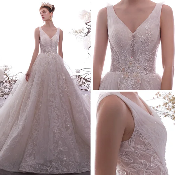 Elegant Champagne Wedding Dresses 2019 A-Line / Princess V-Neck Sleeveless Backless Glitter Leaf Appliques Lace Beading Chapel Train Ruffle