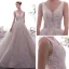 Elegant Champagne Wedding Dresses 2019 A-Line / Princess V-Neck Sleeveless Backless Glitter Leaf Appliques Lace Beading Chapel Train Ruffle