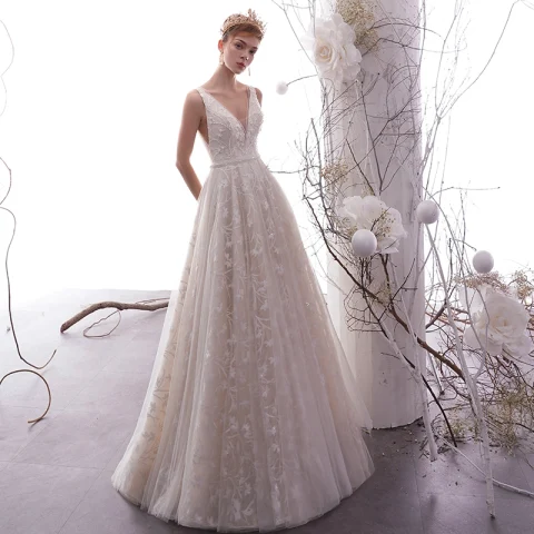 Mejor Champán Exterior / Jardín Vestidos De Novia 2019 Empire V-cuello Profundo Sin Mangas Sin Espalda Apliques Con Encaje Rebordear Perla Largos Ruffle