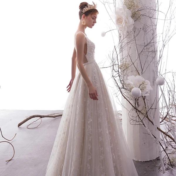 Best Champagne Outdoor / Garden Wedding Dresses 2019 Empire Deep V-Neck Sleeveless Backless Appliques Lace Beading Pearl Floor-Length / Long Ruffle