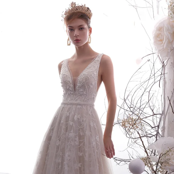 Best Champagne Outdoor / Garden Wedding Dresses 2019 Empire Deep V-Neck Sleeveless Backless Appliques Lace Beading Pearl Floor-Length / Long Ruffle