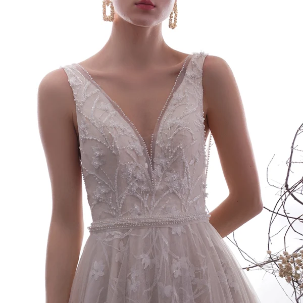 Best Champagne Outdoor / Garden Wedding Dresses 2019 Empire Deep V-Neck Sleeveless Backless Appliques Lace Beading Pearl Floor-Length / Long Ruffle