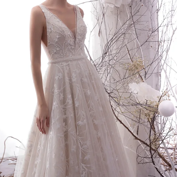 Best Champagne Outdoor / Garden Wedding Dresses 2019 Empire Deep V-Neck Sleeveless Backless Appliques Lace Beading Pearl Floor-Length / Long Ruffle