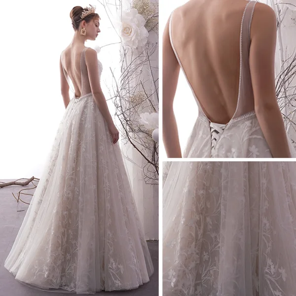 Best Champagne Outdoor / Garden Wedding Dresses 2019 Empire Deep V-Neck Sleeveless Backless Appliques Lace Beading Pearl Floor-Length / Long Ruffle