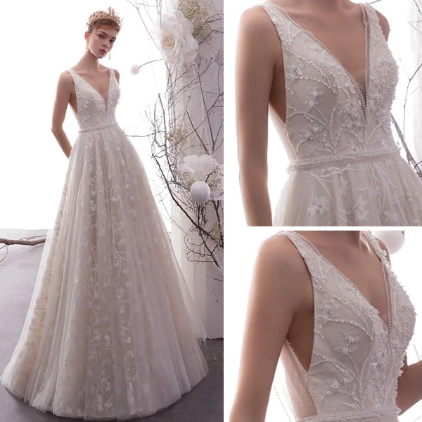 Best Champagne Outdoor / Garden Wedding Dresses 2019 Empire Deep V-Neck Sleeveless Backless Appliques Lace Beading Pearl Floor-Length / Long Ruffle
