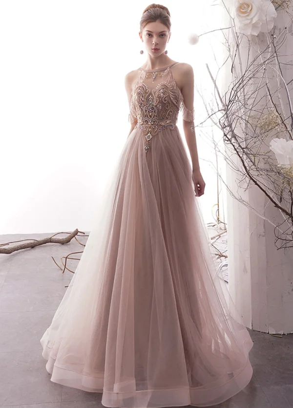 Luxury / Gorgeous Pearl Pink See-through Evening Dresses  2019 A-Line / Princess Scoop Neck Short Sleeve Handmade  Beading Floor-Length / Long Ruffle Backless Formal Dresses