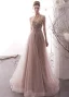 Luxury / Gorgeous Pearl Pink See-through Evening Dresses  2019 A-Line / Princess Scoop Neck Short Sleeve Handmade  Beading Floor-Length / Long Ruffle Backless Formal Dresses