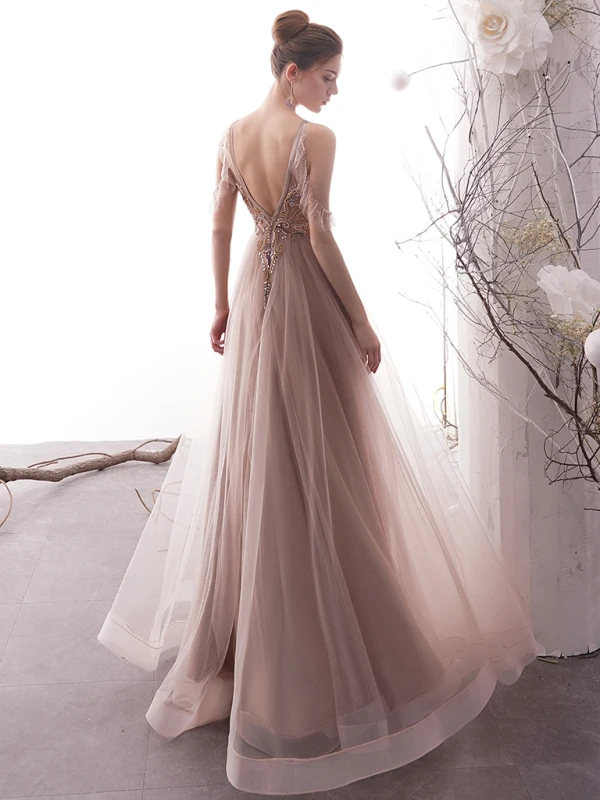 Luxury / Gorgeous Pearl Pink See-through Evening Dresses  2019 A-Line / Princess Scoop Neck Short Sleeve Handmade  Beading Floor-Length / Long Ruffle Backless Formal Dresses