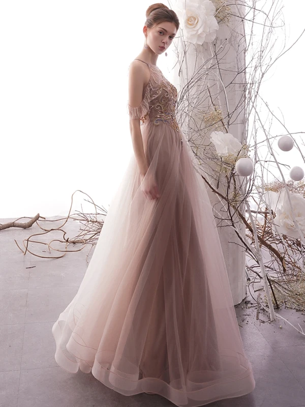 Luxury / Gorgeous Pearl Pink See-through Evening Dresses  2019 A-Line / Princess Scoop Neck Short Sleeve Handmade  Beading Floor-Length / Long Ruffle Backless Formal Dresses