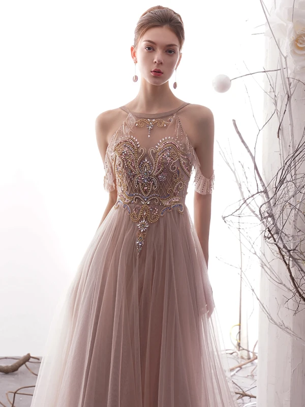 Luxury / Gorgeous Pearl Pink See-through Evening Dresses  2019 A-Line / Princess Scoop Neck Short Sleeve Handmade  Beading Floor-Length / Long Ruffle Backless Formal Dresses