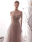 Luxury / Gorgeous Pearl Pink See-through Evening Dresses  2019 A-Line / Princess Scoop Neck Short Sleeve Handmade  Beading Floor-Length / Long Ruffle Backless Formal Dresses
