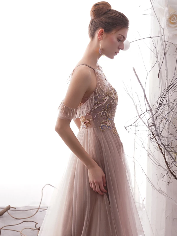 Luxury / Gorgeous Pearl Pink See-through Evening Dresses  2019 A-Line / Princess Scoop Neck Short Sleeve Handmade  Beading Floor-Length / Long Ruffle Backless Formal Dresses