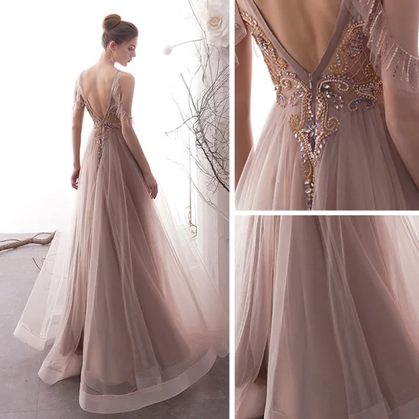 Luxury / Gorgeous Pearl Pink See-through Evening Dresses  2019 A-Line / Princess Scoop Neck Short Sleeve Handmade  Beading Floor-Length / Long Ruffle Backless Formal Dresses
