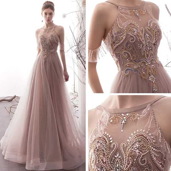 Luxury / Gorgeous Pearl Pink See-through Evening Dresses  2019 A-Line / Princess Scoop Neck Short Sleeve Handmade  Beading Floor-Length / Long Ruffle Backless Formal Dresses