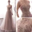 Luxury / Gorgeous Pearl Pink See-through Evening Dresses  2019 A-Line / Princess Scoop Neck Short Sleeve Handmade  Beading Floor-Length / Long Ruffle Backless Formal Dresses