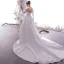 Beste Weiß Satin Durchsichtige Brautkleider / Hochzeitskleider 2019 A Linie Rundhalsausschnitt Geschwollenes Lange Ärmel Rückenfreies Applikationen Spitze Pailletten Perlenstickerei Kapelle-Schleppe Rüschen