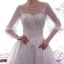 Beste Weiß Satin Durchsichtige Brautkleider / Hochzeitskleider 2019 A Linie Rundhalsausschnitt Geschwollenes Lange Ärmel Rückenfreies Applikationen Spitze Pailletten Perlenstickerei Kapelle-Schleppe Rüschen