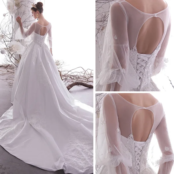 Beste Weiß Satin Durchsichtige Brautkleider / Hochzeitskleider 2019 A Linie Rundhalsausschnitt Geschwollenes Lange Ärmel Rückenfreies Applikationen Spitze Pailletten Perlenstickerei Kapelle-Schleppe Rüschen