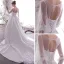Beste Weiß Satin Durchsichtige Brautkleider / Hochzeitskleider 2019 A Linie Rundhalsausschnitt Geschwollenes Lange Ärmel Rückenfreies Applikationen Spitze Pailletten Perlenstickerei Kapelle-Schleppe Rüschen