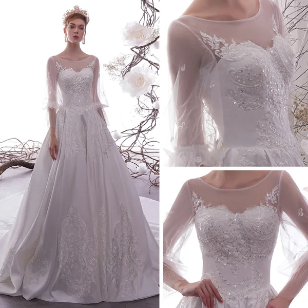Beste Weiß Satin Durchsichtige Brautkleider / Hochzeitskleider 2019 A Linie Rundhalsausschnitt Geschwollenes Lange Ärmel Rückenfreies Applikationen Spitze Pailletten Perlenstickerei Kapelle-Schleppe Rüschen