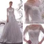 Beste Weiß Satin Durchsichtige Brautkleider / Hochzeitskleider 2019 A Linie Rundhalsausschnitt Geschwollenes Lange Ärmel Rückenfreies Applikationen Spitze Pailletten Perlenstickerei Kapelle-Schleppe Rüschen