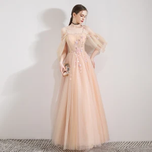 Élégant Champagne Robe De Soirée 2019 Princesse Bretelles Spaghetti Sans Manches Appliques Fleur Perlage Longue Volants Dos Nu Robe De Ceremonie