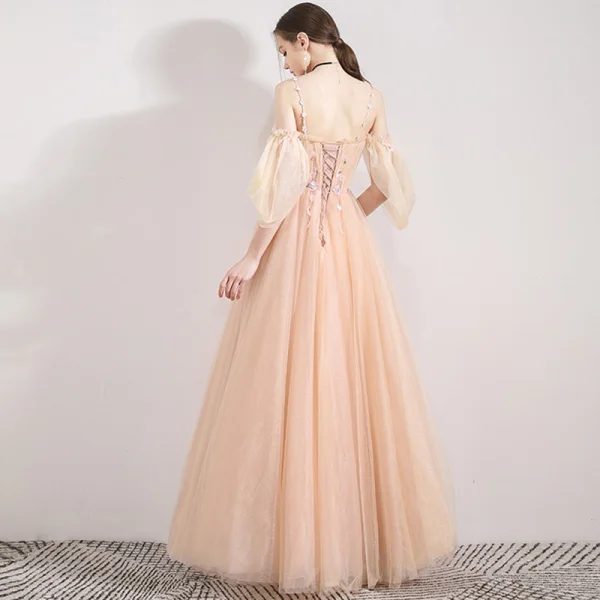 Elegant Champagne Evening Dresses  2019 A-Line / Princess Spaghetti Straps Sleeveless Appliques Flower Beading Floor-Length / Long Ruffle Backless Formal Dresses