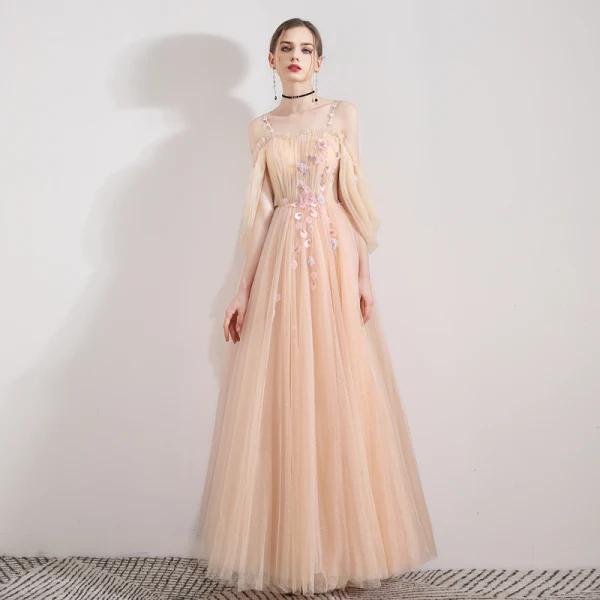Elegant Champagne Evening Dresses  2019 A-Line / Princess Spaghetti Straps Sleeveless Appliques Flower Beading Floor-Length / Long Ruffle Backless Formal Dresses