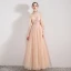Elegant Champagne Evening Dresses  2019 A-Line / Princess Spaghetti Straps Sleeveless Appliques Flower Beading Floor-Length / Long Ruffle Backless Formal Dresses