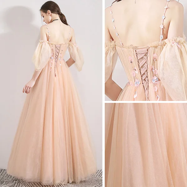 Elegant Champagne Evening Dresses  2019 A-Line / Princess Spaghetti Straps Sleeveless Appliques Flower Beading Floor-Length / Long Ruffle Backless Formal Dresses