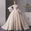 Luxe Champagne Transparentes Robe De Mariée 2019 Robe Boule Encolure Carrée Manches de cloche Dos Nu Appliques En Dentelle Perlage Cathedral Train Volants