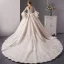 Luxe Champagne Transparentes Robe De Mariée 2019 Robe Boule Encolure Carrée Manches de cloche Dos Nu Appliques En Dentelle Perlage Cathedral Train Volants