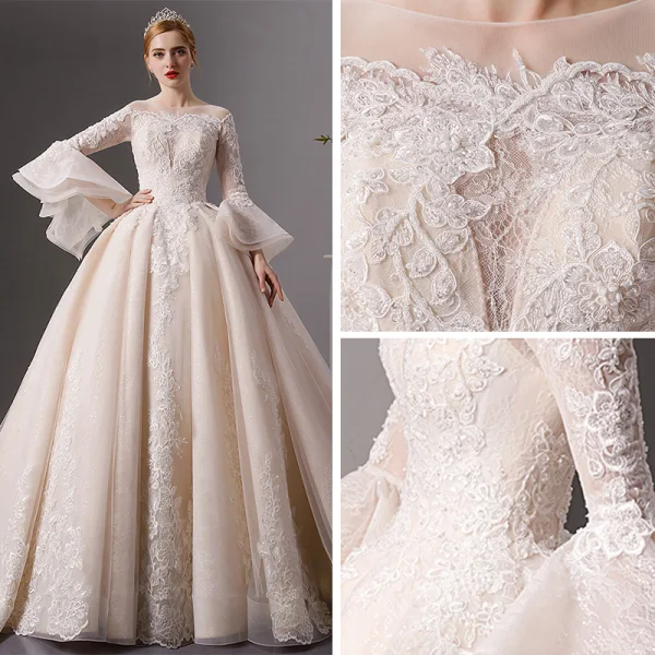 Luxe Champagne Transparentes Robe De Mariée 2019 Robe Boule Encolure Carrée Manches de cloche Dos Nu Appliques En Dentelle Perlage Cathedral Train Volants