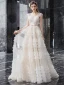 Romantique Champagne Jardin / Extérieur Robe De Mariée 2019 Princesse Encolure Carrée Sans Manches Dos Nu Appliques En Dentelle Perlage Noeud Ceinture Longue Volants