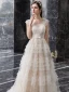 Romantique Champagne Jardin / Extérieur Robe De Mariée 2019 Princesse Encolure Carrée Sans Manches Dos Nu Appliques En Dentelle Perlage Noeud Ceinture Longue Volants