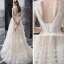 Romantique Champagne Jardin / Extérieur Robe De Mariée 2019 Princesse Encolure Carrée Sans Manches Dos Nu Appliques En Dentelle Perlage Noeud Ceinture Longue Volants