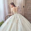 Fabulous Champagne See-through Wedding Dresses 2019 A-Line / Princess Square Neckline 3/4 Sleeve Backless Pierced Appliques Lace Beading Glitter Tulle Cathedral Train Ruffle