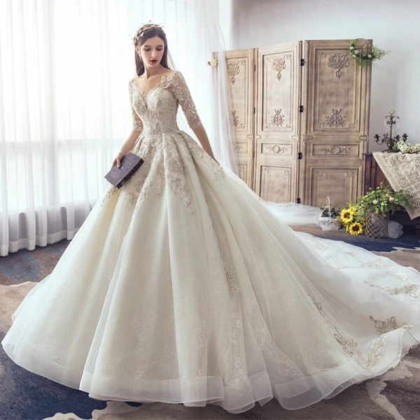 Fabulous Champagne See-through Wedding Dresses 2019 A-Line / Princess Square Neckline 3/4 Sleeve Backless Pierced Appliques Lace Beading Glitter Tulle Cathedral Train Ruffle
