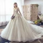 Fabulous Champagne See-through Wedding Dresses 2019 A-Line / Princess Square Neckline 3/4 Sleeve Backless Pierced Appliques Lace Beading Glitter Tulle Cathedral Train Ruffle
