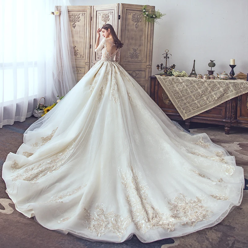 Fabulous Champagne See Through Wedding Dresses 2019 A Line Princess Square  Neckline 3 4 Sleeve Backless Pierced Appliques Lace Beading Glitter Tulle  Cathedral Train Ruffle