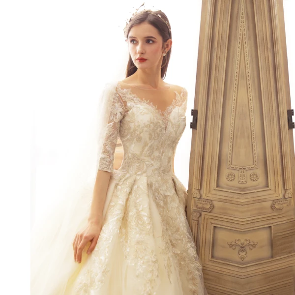 Fabulous Champagne See-through Wedding Dresses 2019 A-Line / Princess Square Neckline 3/4 Sleeve Backless Pierced Appliques Lace Beading Glitter Tulle Cathedral Train Ruffle