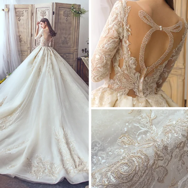 Fabulous Champagne See-through Wedding Dresses 2019 A-Line / Princess Square Neckline 3/4 Sleeve Backless Pierced Appliques Lace Beading Glitter Tulle Cathedral Train Ruffle