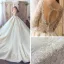 Fabulous Champagne See-through Wedding Dresses 2019 A-Line / Princess Square Neckline 3/4 Sleeve Backless Pierced Appliques Lace Beading Glitter Tulle Cathedral Train Ruffle