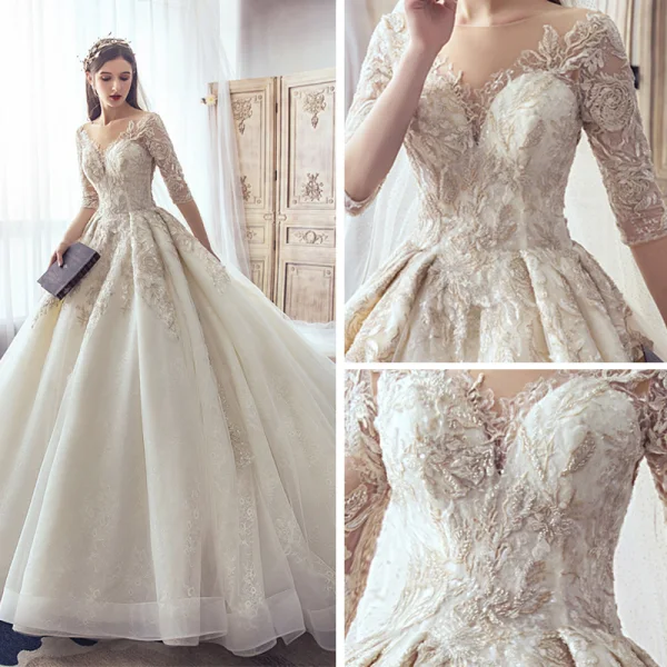 Fabulous Champagne See-through Wedding Dresses 2019 A-Line / Princess Square Neckline 3/4 Sleeve Backless Pierced Appliques Lace Beading Glitter Tulle Cathedral Train Ruffle