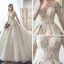 Fabulous Champagne See-through Wedding Dresses 2019 A-Line / Princess Square Neckline 3/4 Sleeve Backless Pierced Appliques Lace Beading Glitter Tulle Cathedral Train Ruffle