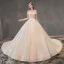 Chic / Beautiful Champagne Wedding Dresses 2019 A-Line / Princess Off-The-Shoulder Short Sleeve Backless Appliques Lace Beading Pearl Glitter Tulle Royal Train Ruffle