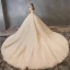 Chic / Beautiful Champagne Wedding Dresses 2019 A-Line / Princess Off-The-Shoulder Short Sleeve Backless Appliques Lace Beading Pearl Glitter Tulle Royal Train Ruffle